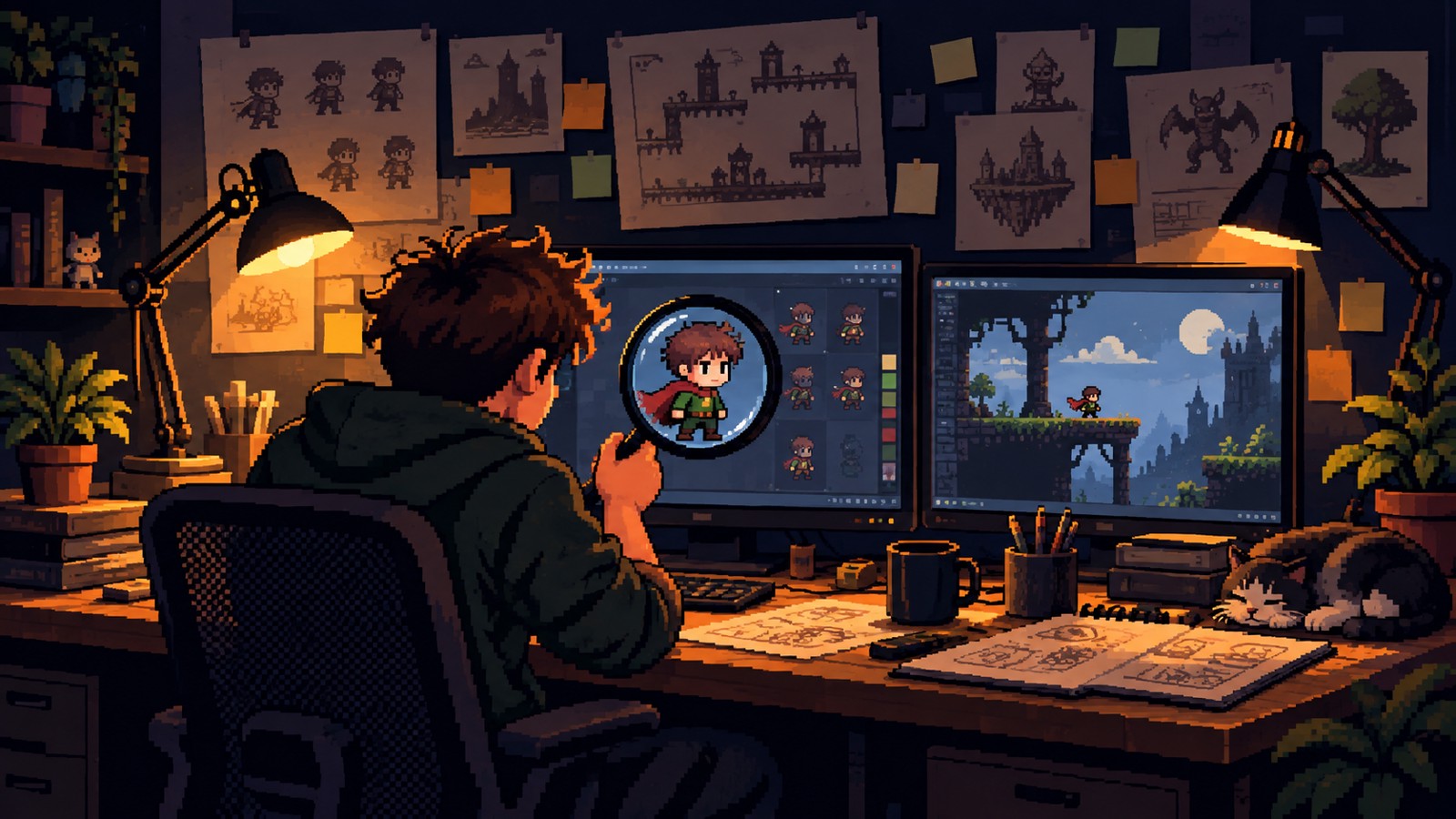 A developer inspecting a 2D game asset on a computer screen using a magnifying glass at a wooden desk.