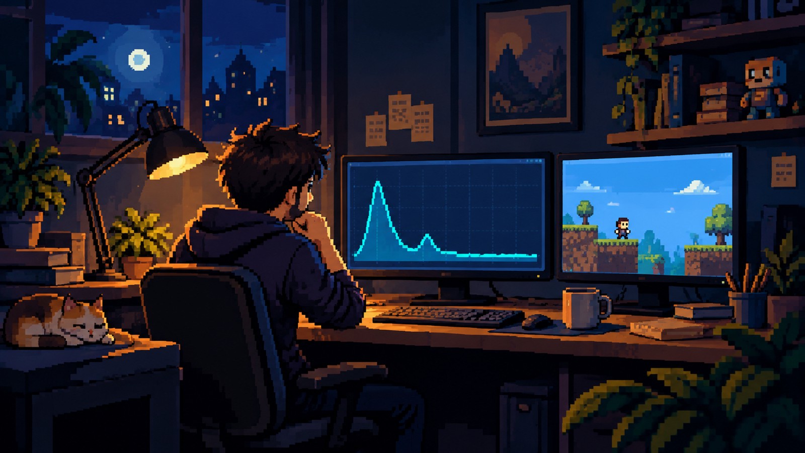 A developer studying a traffic graph that drops to a flat line beside a browser game window.